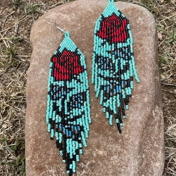 Rose Beaded Earrings, New, Handmade by Me - Picture 4 of 7